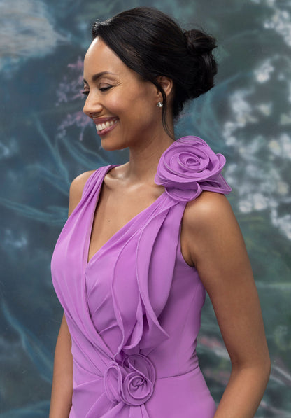 Draped Cascading Ruffle Chiffon Evening Gown with 3D Flowers