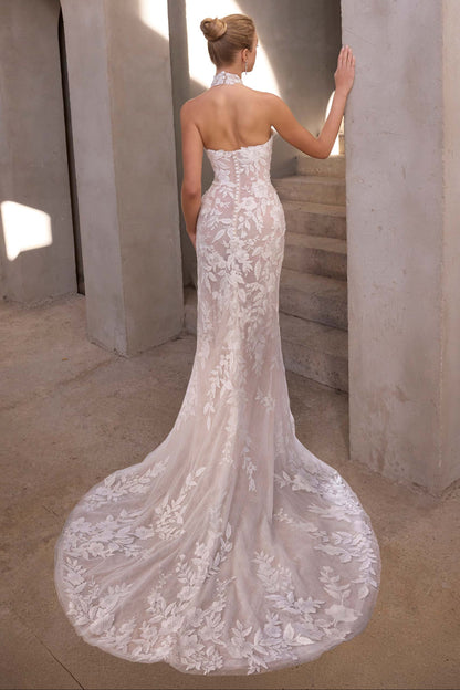 High Neck 3D Lace Illusion Wedding Dress