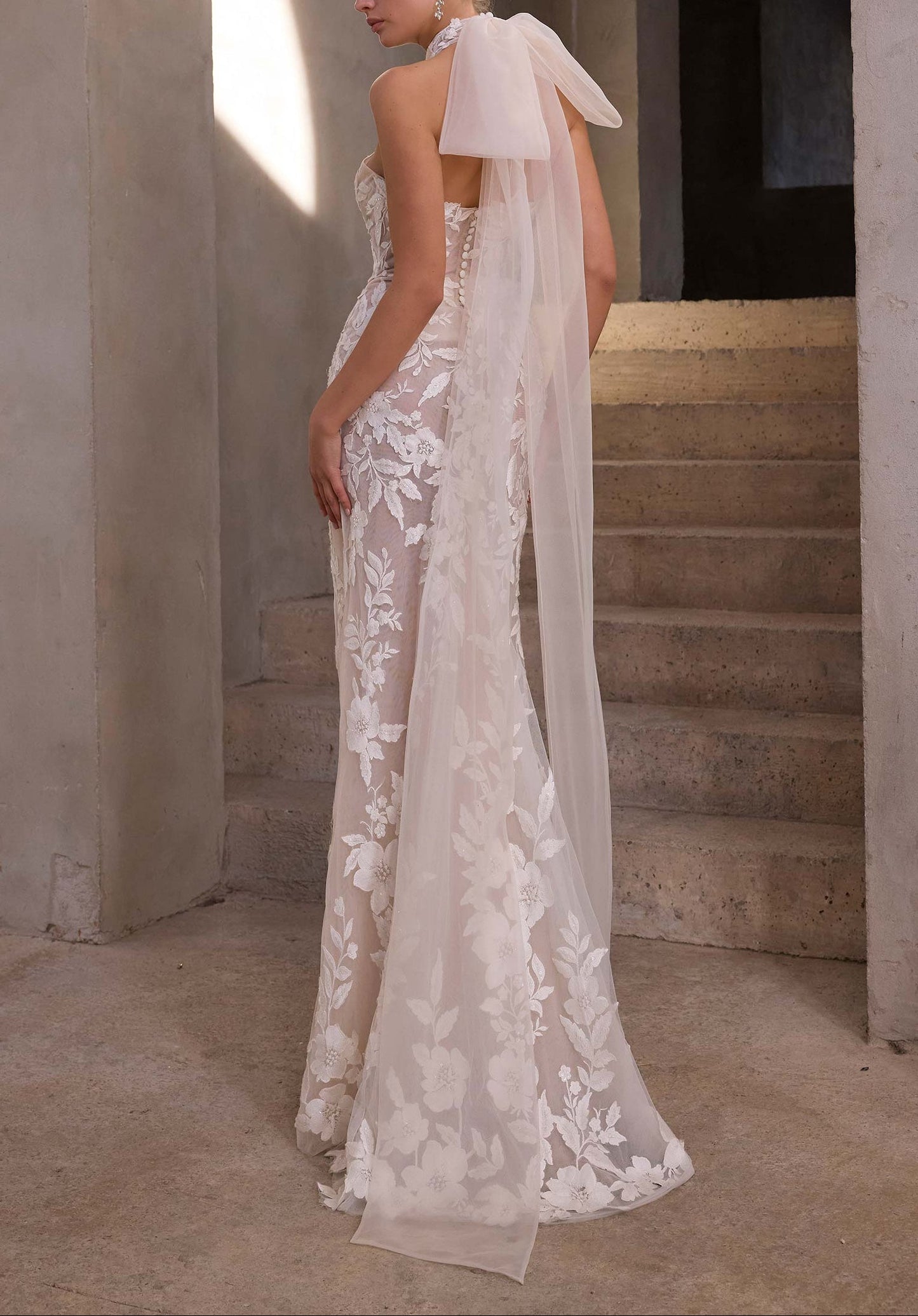High Neck 3D Lace Illusion Wedding Dress