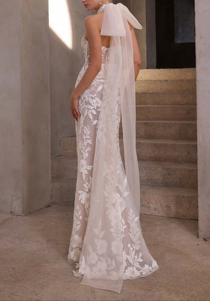 High Neck 3D Lace Illusion Wedding Dress