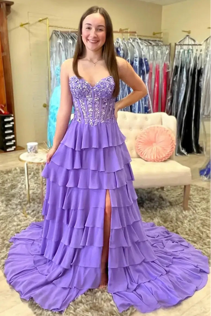 Purple Lace Corset Prom Dress Tiered Ruffles with High Slit