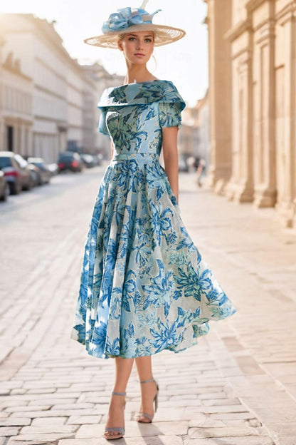 Blue Floral Print Half Sleeve A-Line Tea-Length Evening Dress