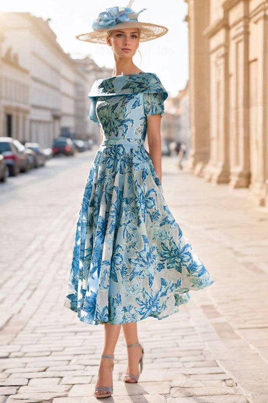 Blue Floral Print Half Sleeve A-Line Tea-Length Evening Dress
