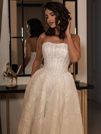 Strapless Sparkle Sequins Sleeveless A-Line Wedding Dress