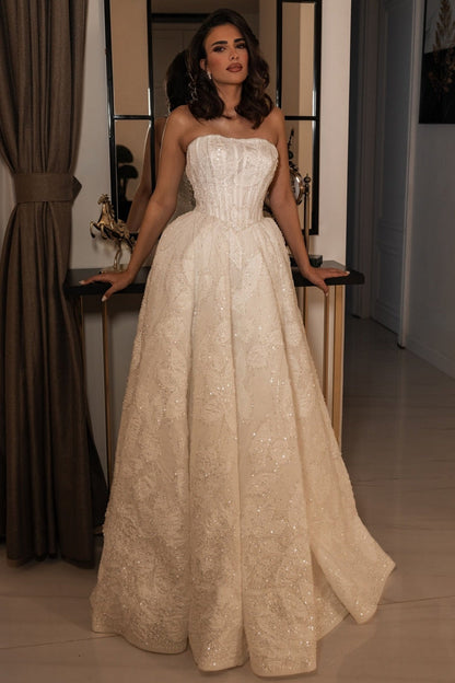 Strapless Sparkle Sequins Sleeveless A-Line Wedding Dress