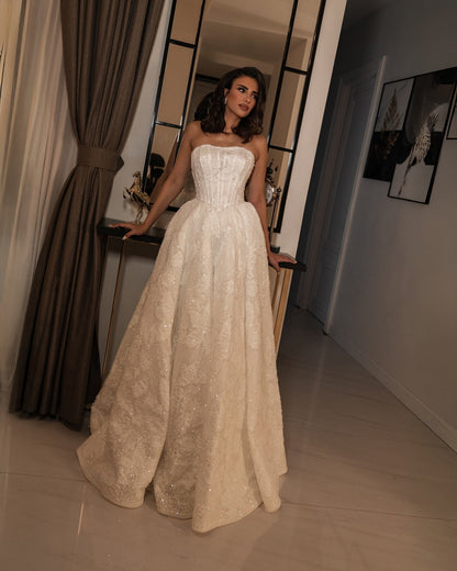 Strapless Sparkle Sequins Sleeveless A-Line Wedding Dress