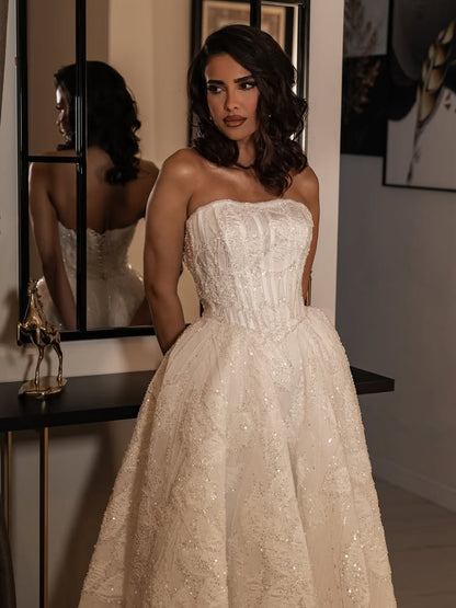 Strapless Sparkle Sequins Sleeveless A-Line Wedding Dress