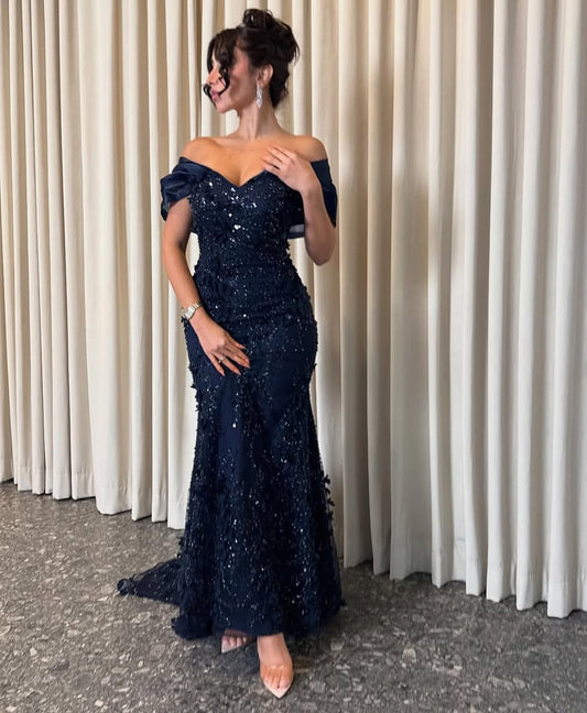 Flowers Sequins Off the Shouldrt Sleeveless Mermaid Floor-Length Evening Dress