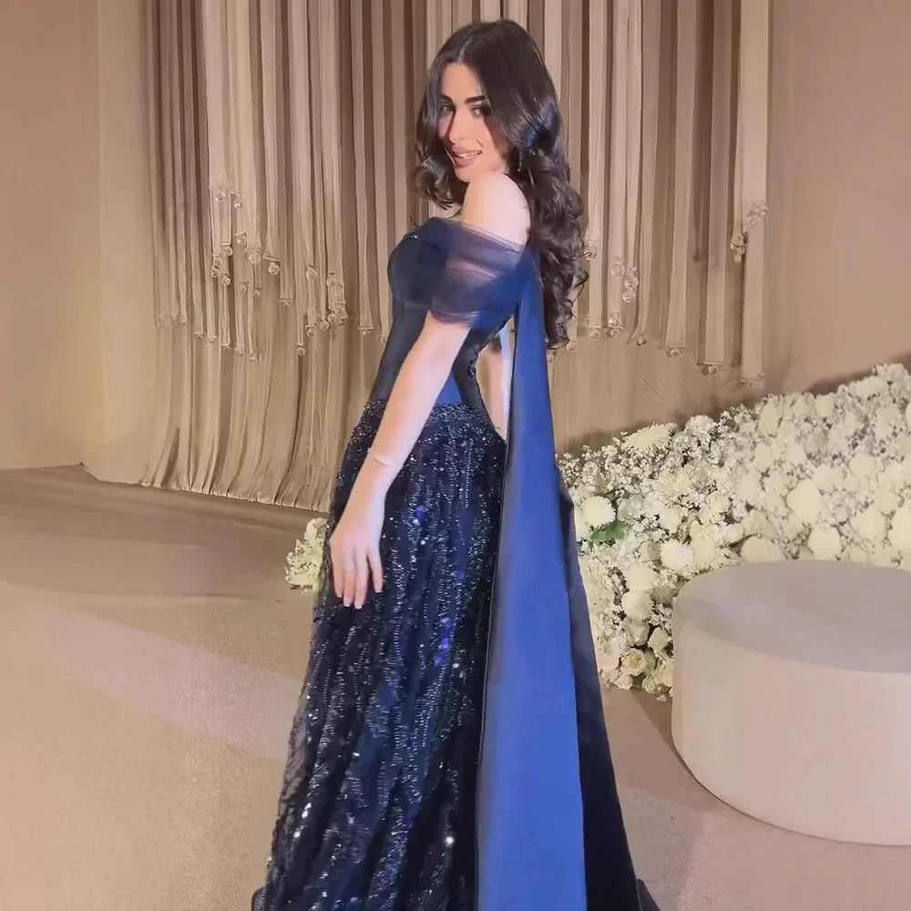 Luxury Arabic Navy A-Line Evening Dress with Beaded