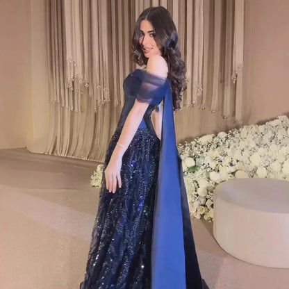 Luxury Arabic Navy A-Line Evening Dress with Beaded