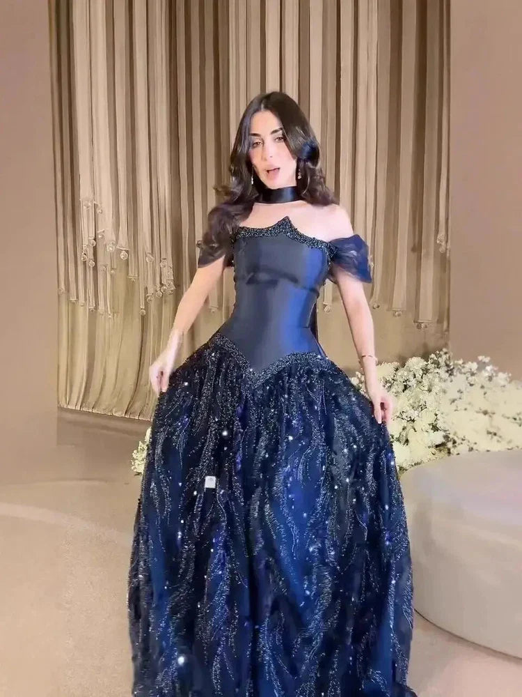 Luxury Arabic Navy A-Line Evening Dress with Beaded