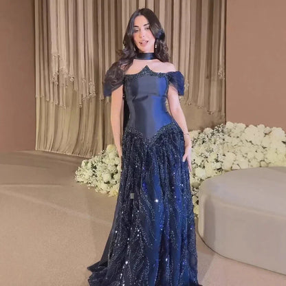 Luxury Arabic Navy A-Line Evening Dress with Beaded
