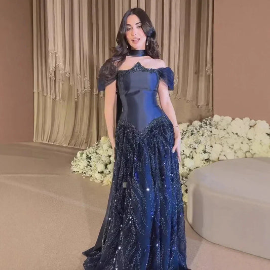 Luxury Arabic Navy A-Line Evening Dress with Beaded