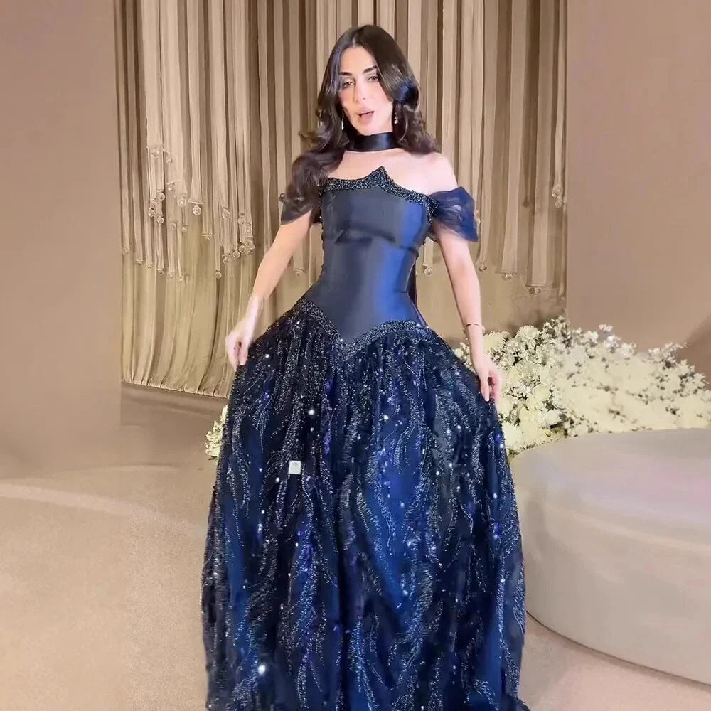 Luxury Arabic Navy A-Line Evening Dress with Beaded