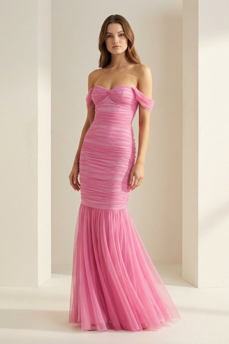 Off Shoulder Pink Ruched Long Prom Dress with Ruffle
