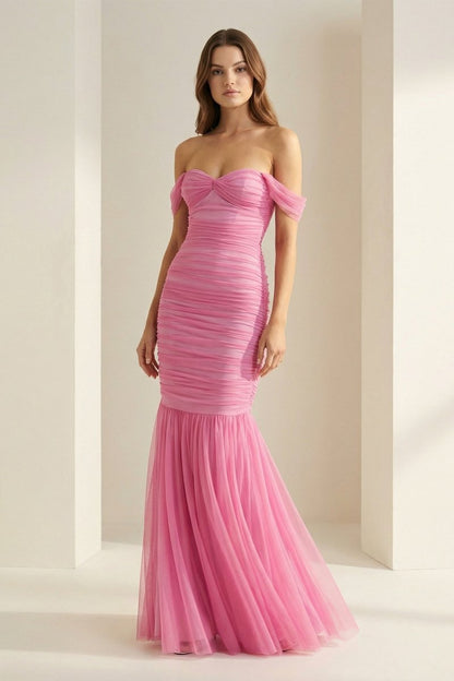 Off Shoulder Pink Ruched Long Prom Dress with Ruffle