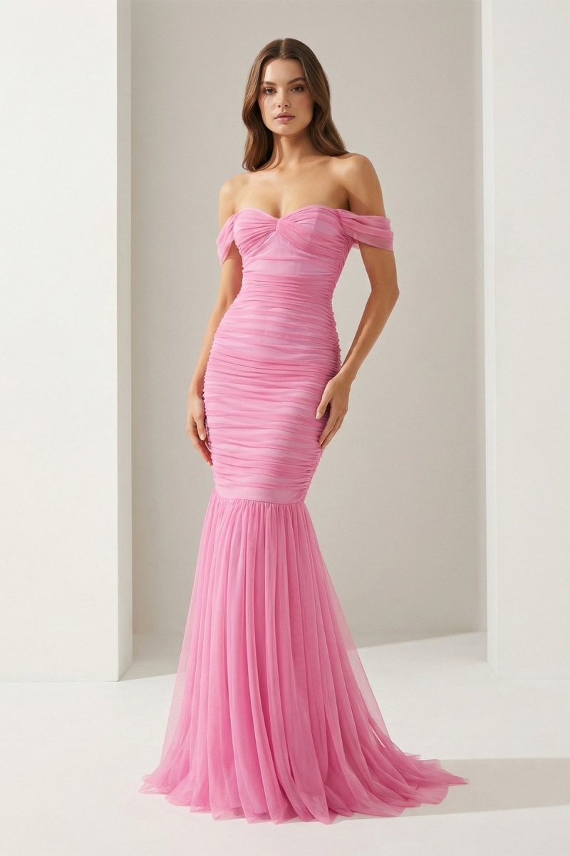 Off Shoulder Pink Ruched Long Prom Dress with Ruffle