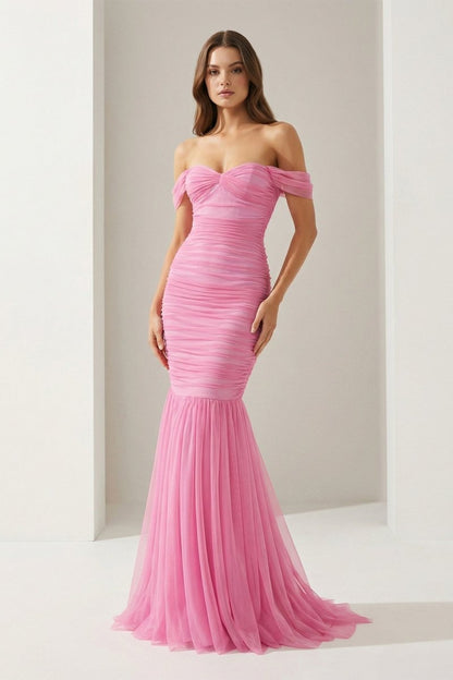 Off Shoulder Pink Ruched Long Prom Dress with Ruffle