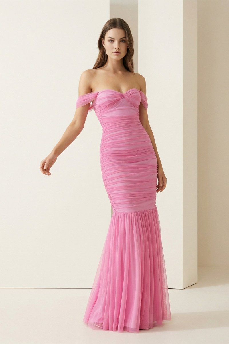 Off Shoulder Pink Ruched Long Prom Dress with Ruffle