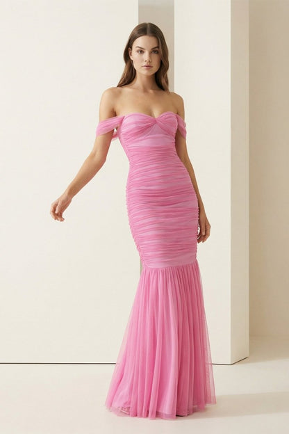 Off Shoulder Pink Ruched Long Prom Dress with Ruffle