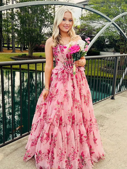 Santiago | Pink Strapless Chiffon A Line Floral Tiered Prom Dress With Bow