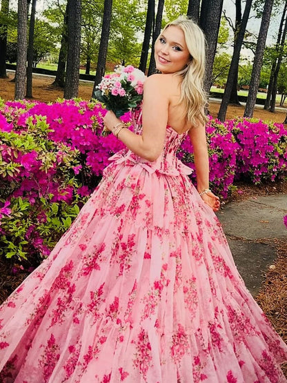Santiago | Pink Strapless Chiffon A Line Floral Tiered Prom Dress With Bow
