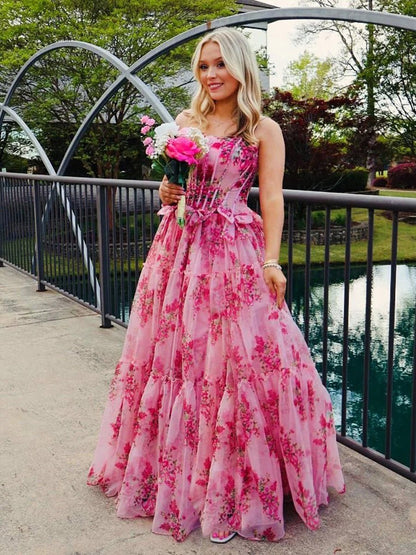 Santiago | Pink Strapless Chiffon A Line Floral Tiered Prom Dress With Bow