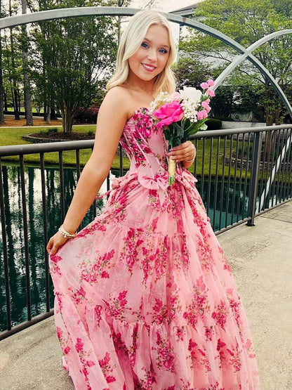 Santiago | Pink Strapless Chiffon A Line Floral Tiered Prom Dress With Bow