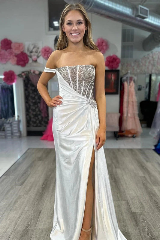 One Shoulder Sleeveless Sparkle Beaded Mermaid Side Slit Prom Dress