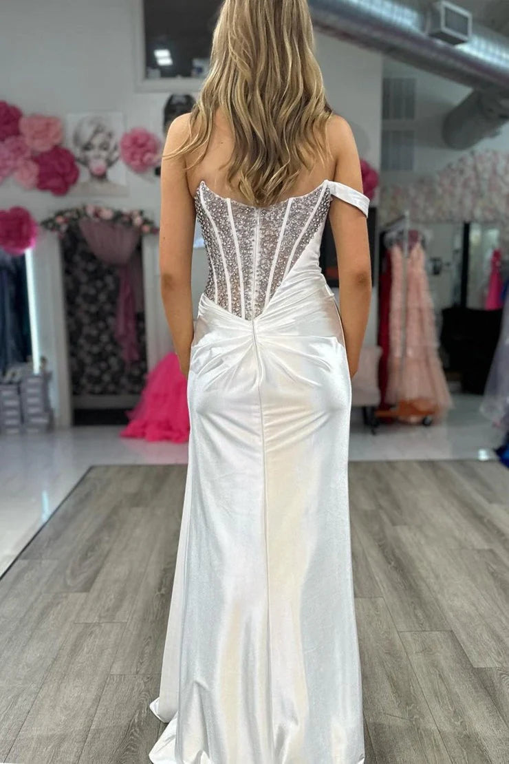 One Shoulder Sleeveless Sparkle Beaded Mermaid Side Slit Prom Dress