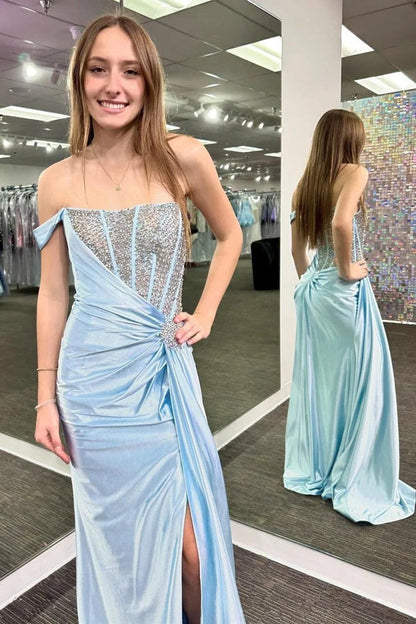 One Shoulder Sleeveless Sparkle Beaded Mermaid Side Slit Prom Dress