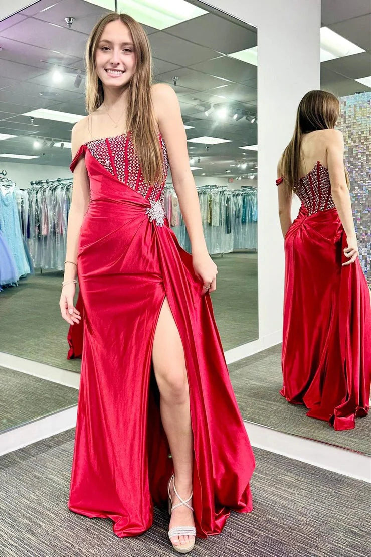 One Shoulder Sleeveless Sparkle Beaded Mermaid Side Slit Prom Dress