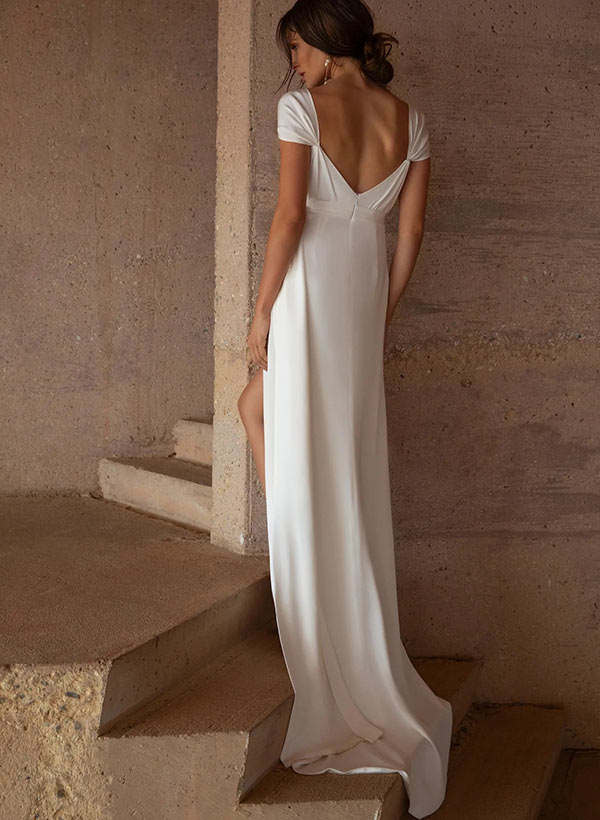 Satin Wedding Dress Split Front Sleeveless Cowl Neck Sheath Sweep Train