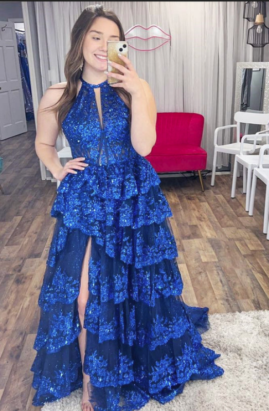 Sexy Halter Tulle Sequins Split Front A-Line Prom Dresses