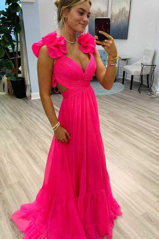 Sexy Chiffon Fuchsia Prom Dresses V-Neck Sleeveless with Slit