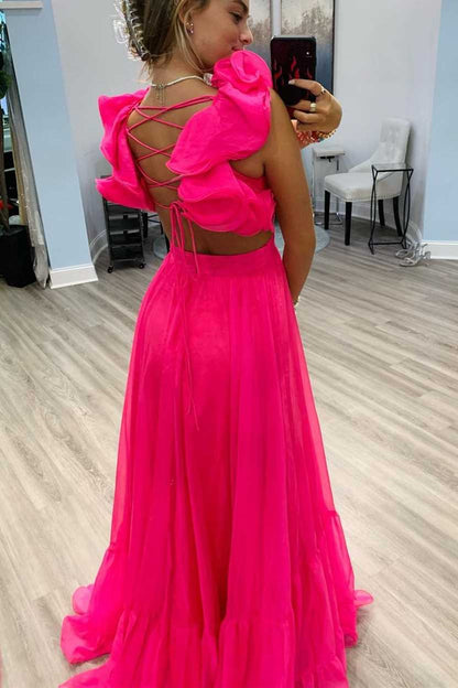 Sexy Chiffon Fuchsia Prom Dresses V-Neck Sleeveless with Slit