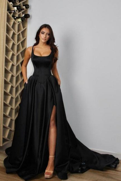 Sexy spaghetti straps sleeveless a-line satin evening dress