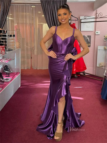 Shiny Purple Satin Mermaid Prom Dress