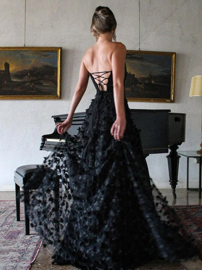 Scoop-Neck Strapless Sleeveless 3D-Flowers Pleated Tulle A-Line Prom Dress