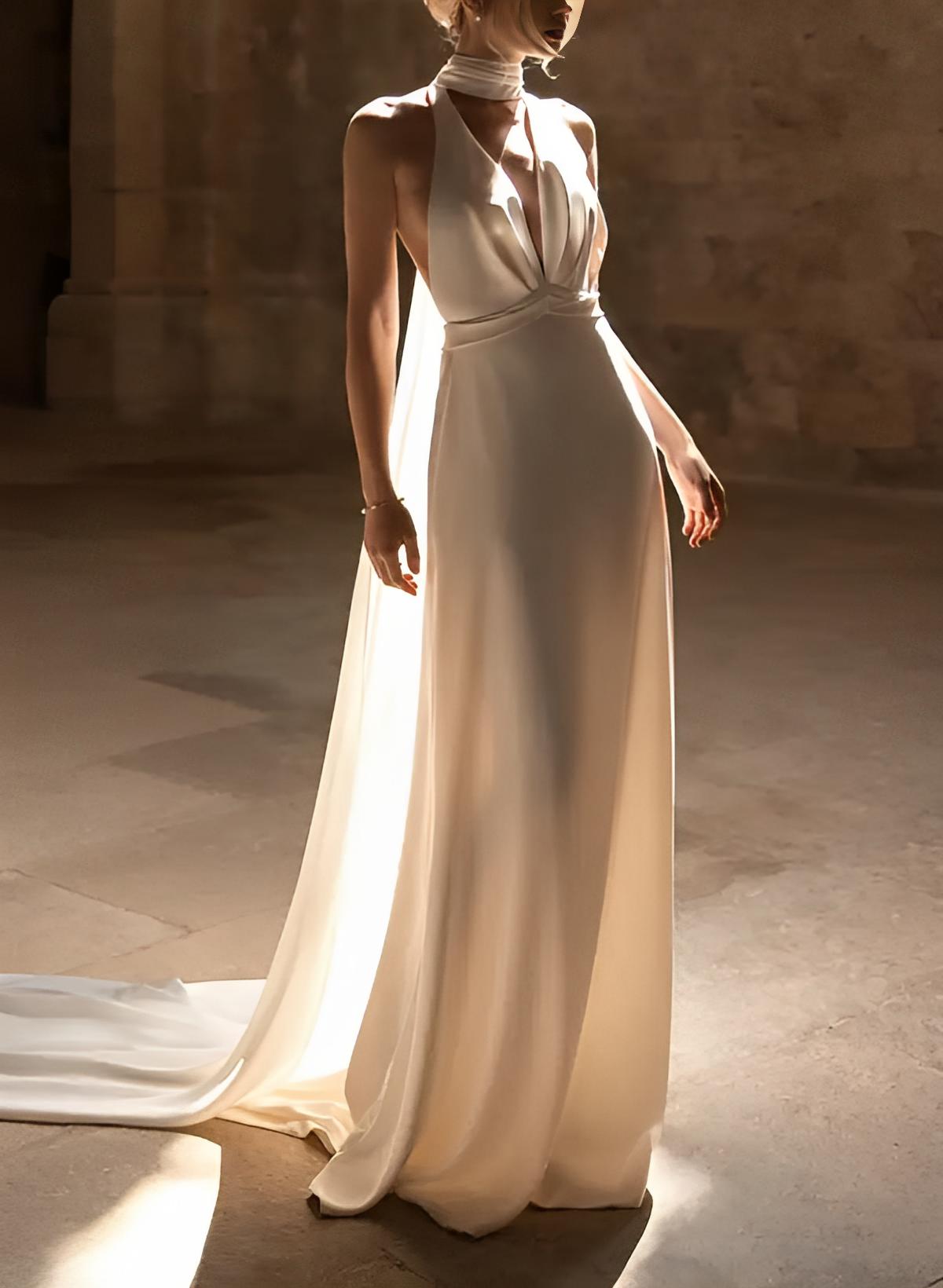 Silk Like Satin Wedding Dresses Summer Beach Boho Garden Halter Sleeveless Sweep Train