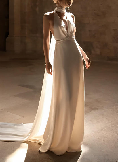 Silk Like Satin Wedding Dresses Summer Beach Boho Garden Halter Sleeveless Sweep Train