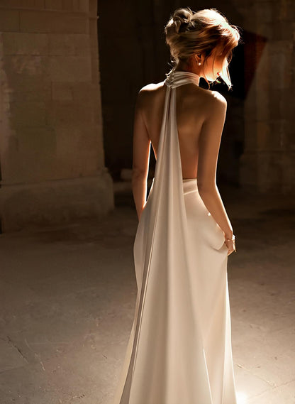 Silk Like Satin Wedding Dresses Summer Beach Boho Garden Halter Sleeveless Sweep Train