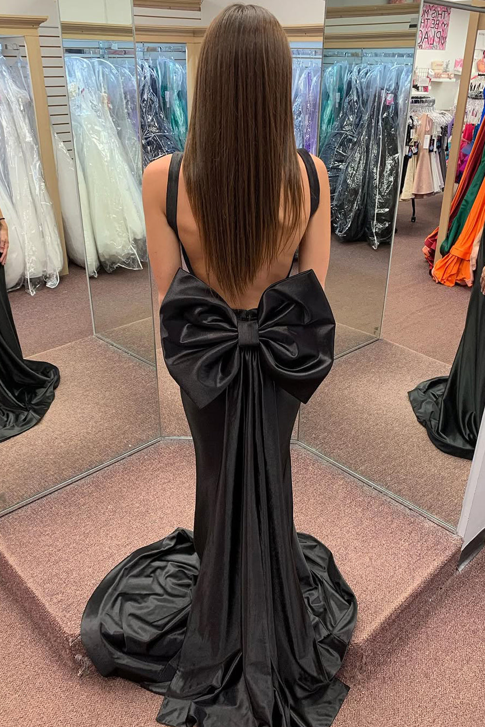 Simple Black Corset Prom Dresses Satin Mermaid Evening Gown with Bow