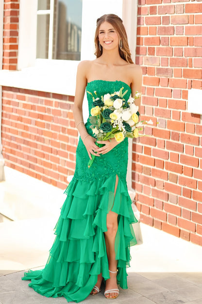 Strapless Teal Lace Appliques Fitted Ruffle Prom Dress