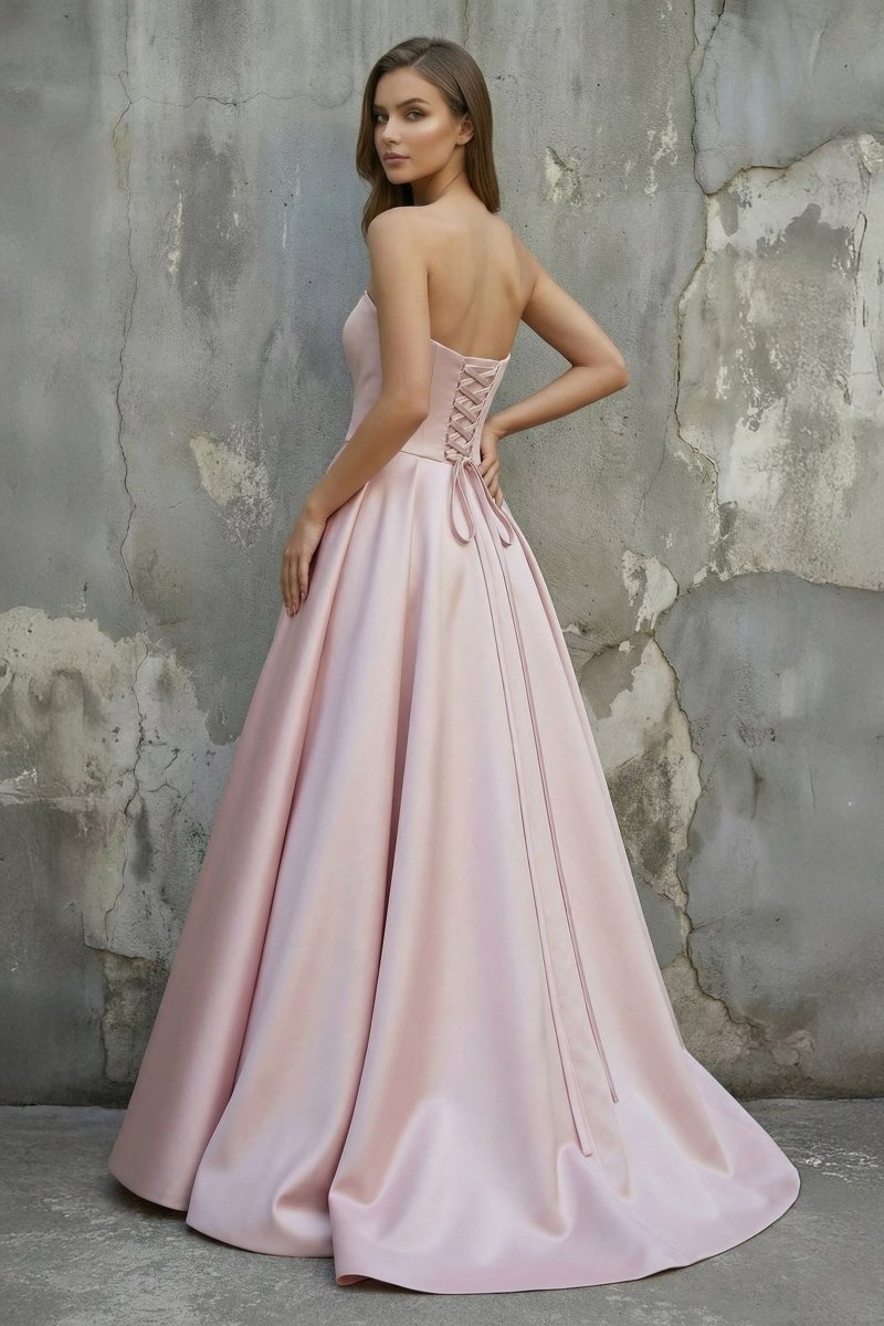 Pink Satin A-Line Floor-Length Evening Gown with Slit Strapless Prom Dress
