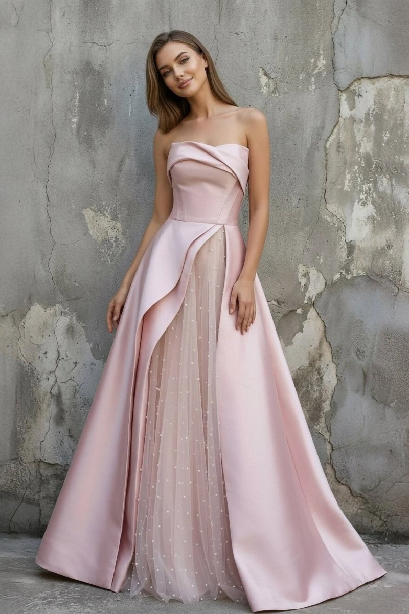 Pink Satin A-Line Floor-Length Evening Gown with Slit Strapless Prom Dress
