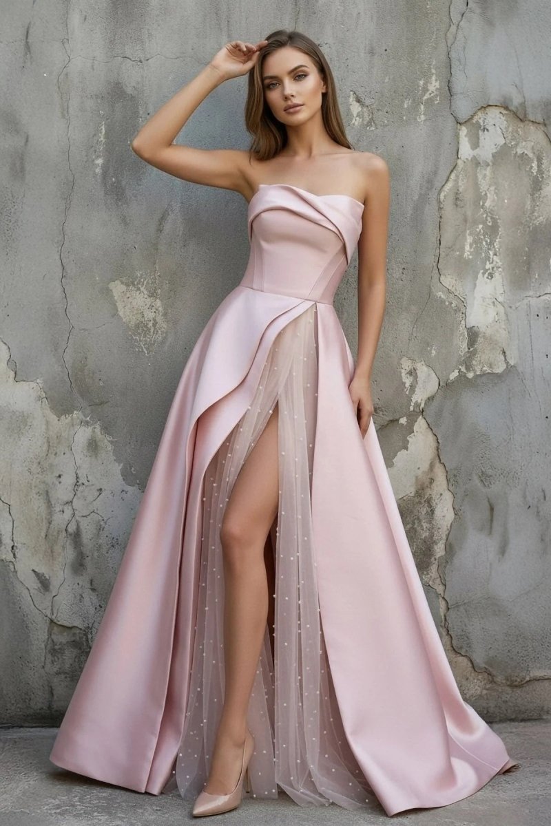 Pink Satin A-Line Floor-Length Evening Gown with Slit Strapless Prom Dress