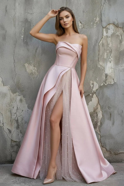 Pink Satin A-Line Floor-Length Evening Gown with Slit Strapless Prom Dress