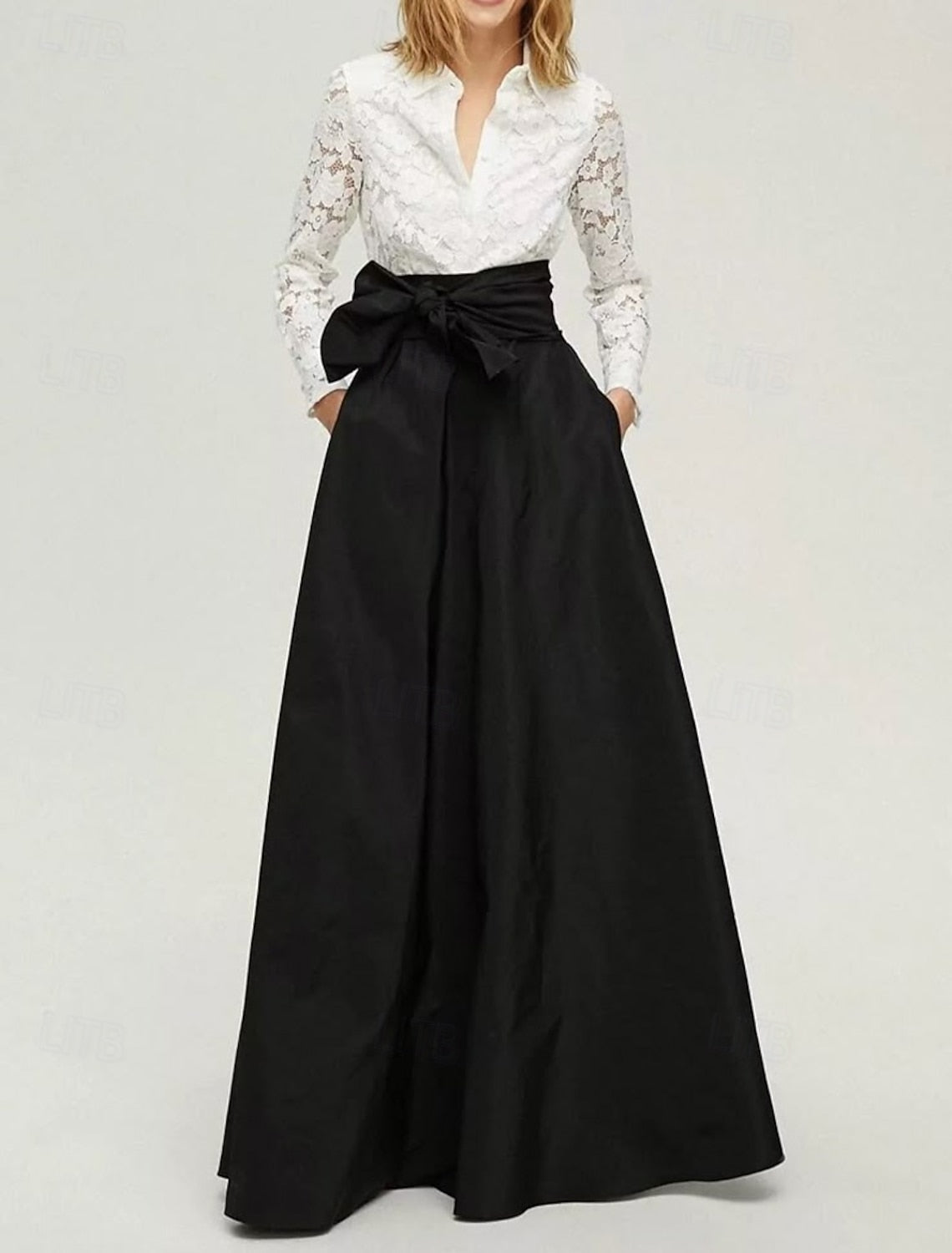 Long Sleeve Bow A-Line Floor-Length Formal Evening Dress