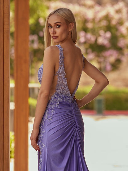 Charming Mermaid V Neck Sage Green Slit Prom Dresses with Appliques